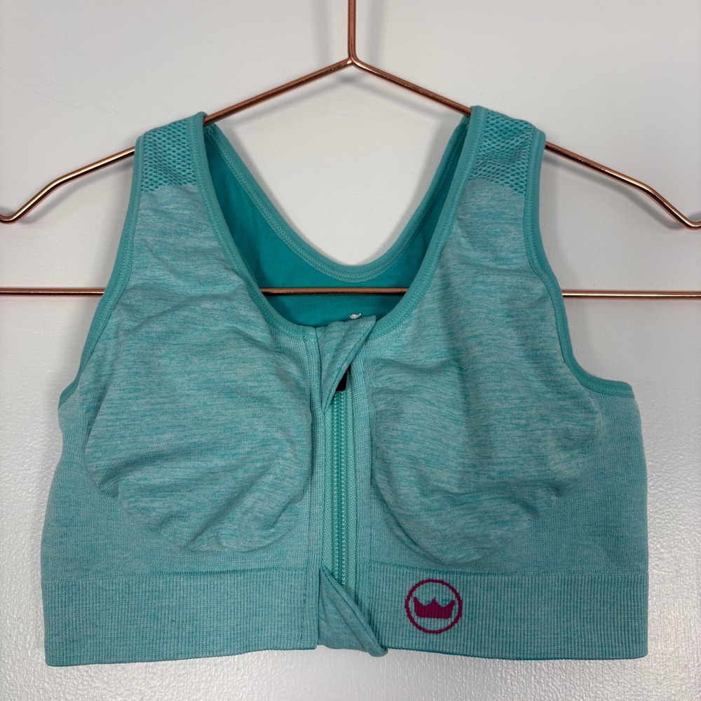 SHEFIT Kids Girls Sports Bra Medium Teal Heathered Front Zip Mesh Racerback‎
